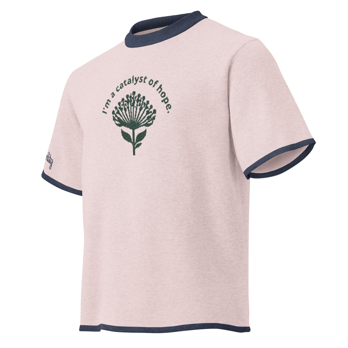 Signature Catalyst of Hope unisex knit sweater tee in pink and navy